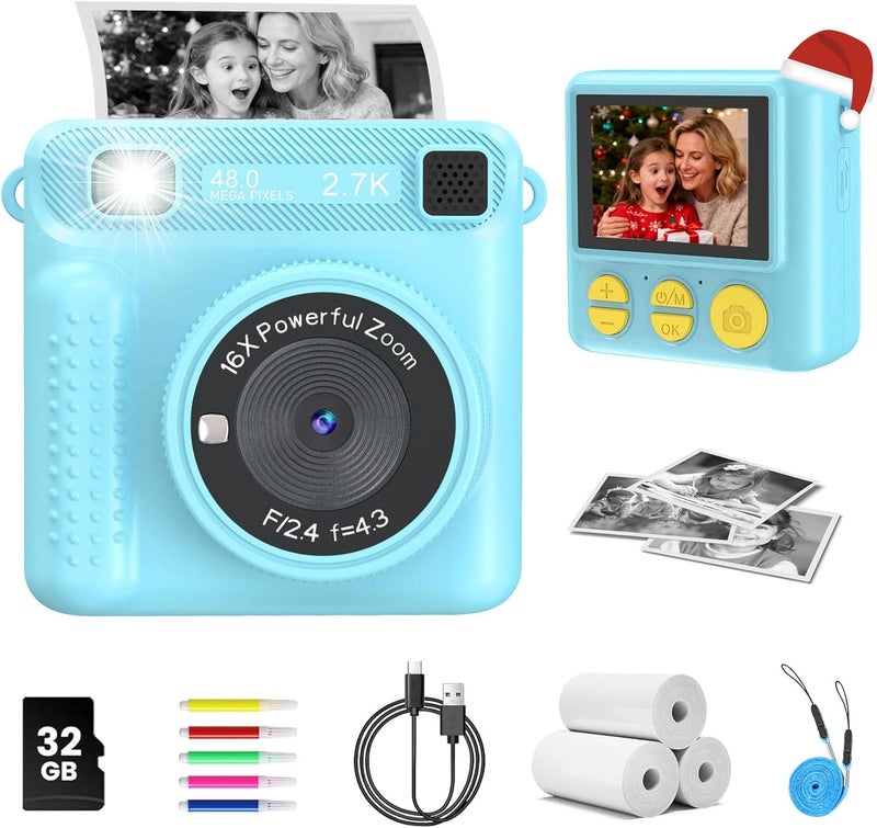 JPVERLY Instant Print Camera for Kids, 1080P Digital Kids Camera, Christmas Birthday Gift for 3-12 Years Old Girls & Boys, Portable Toy with 32GB SD Card & 3 Rolls Printing Paper (Blue Pro) - Image 1